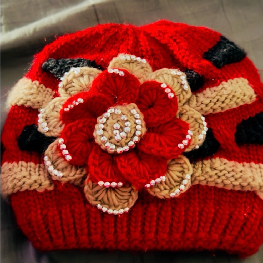 Red Knit Beanie with Floral Accent
